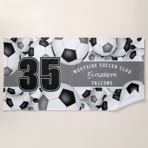 Lots of soccer balls black grey team colours gifts beach towel