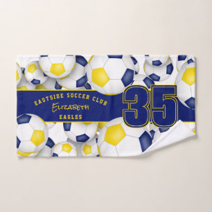 Lots of soccer balls blue gold team colours gifts hand towel