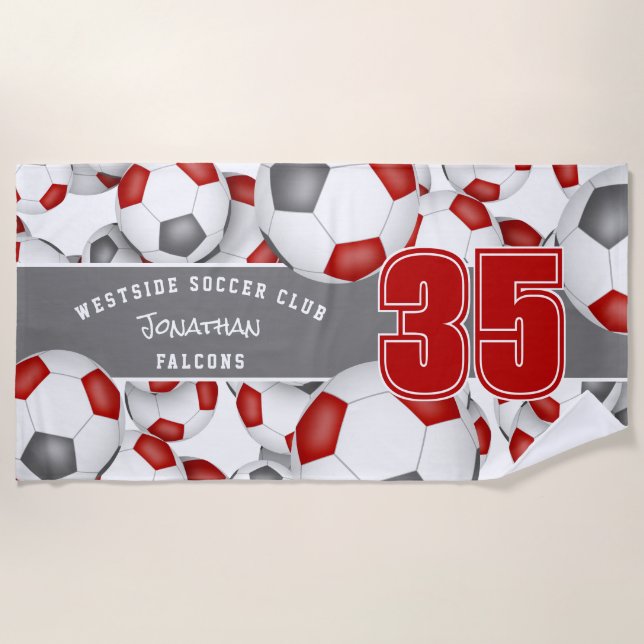 Lots of soccer balls boys girls name red grey beach towel (Front)