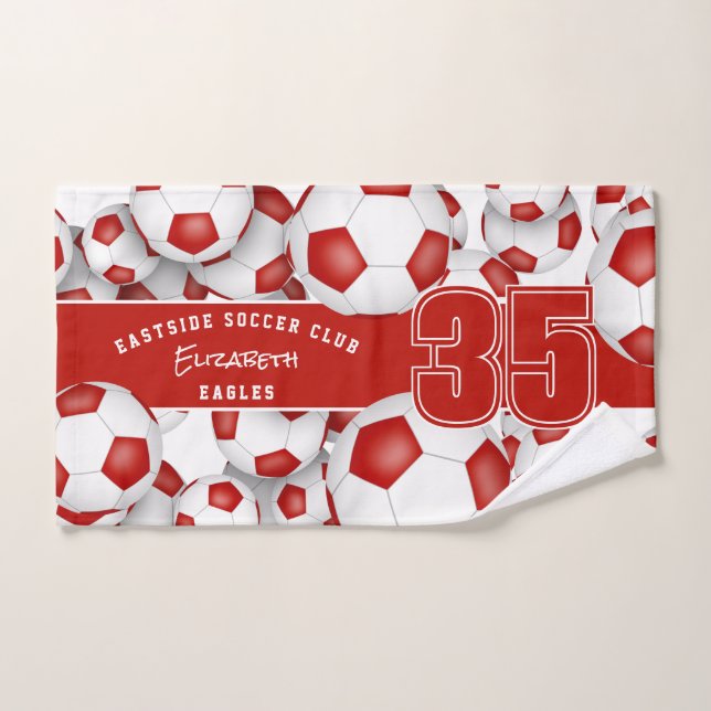 Lots of soccer balls custom athlete name red hand towel (Hand Towel)