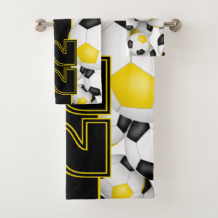 Lots of soccer balls custom team name black gold bath towel set