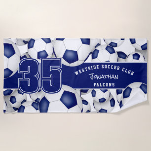 Lots of soccer balls custom team name blue white beach towel