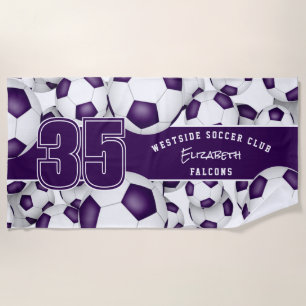 Lots of soccer balls custom team name purple beach towel