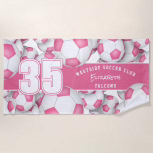 Lots of soccer balls girls pink custom player name beach towel