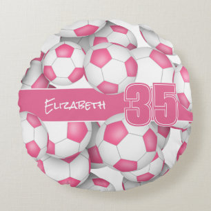 Lots of soccer balls girls pink sports room decor  round cushion