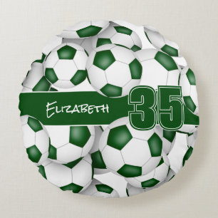 Lots of soccer balls girls sports room decor green round cushion
