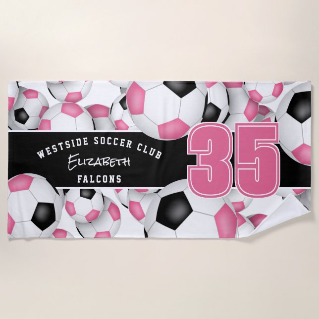 Lots of soccer balls pink black girls team name beach towel (Front)