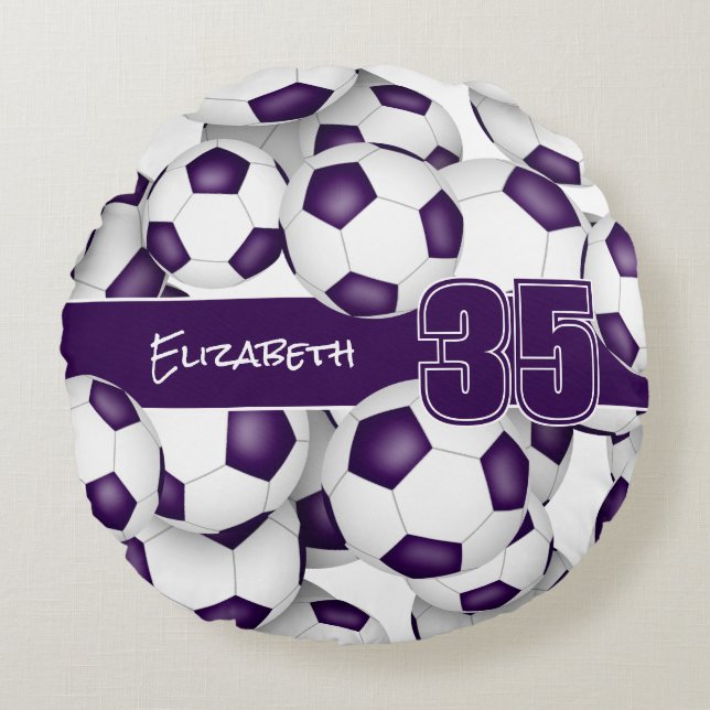 Lots of soccer balls purple sports room decor round cushion (Front)