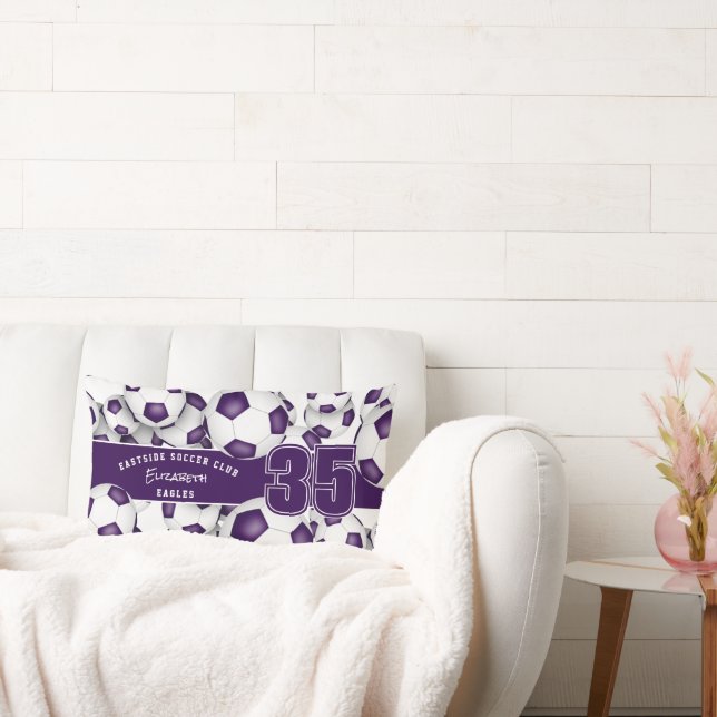 Lots of soccer balls purple team colours lumbar cushion (Couch)