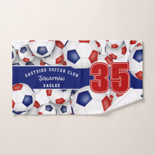Lots of soccer balls red blue sports team name hand towel