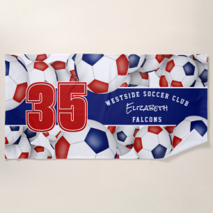 Lots of soccer balls red blue team colours gifts beach towel