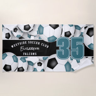Lots of soccer balls teal black team colours gifts beach towel