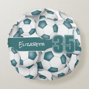 Lots of soccer balls teal sports team colours round cushion