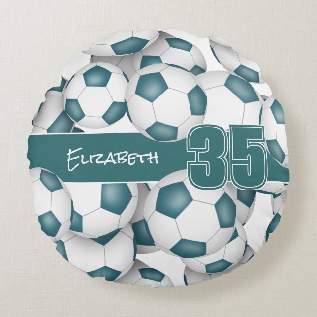 Lots of soccer balls teal sports team colours round cushion (Front)