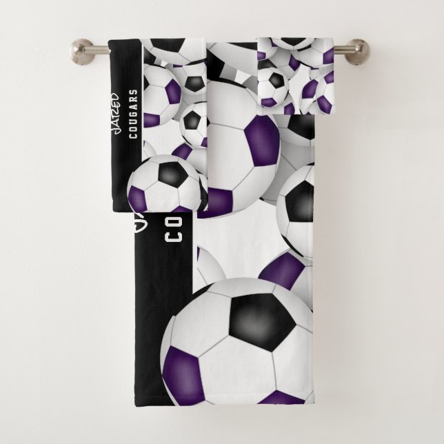 Lots of soccer balls team spirit purple black bath towel set (Insitu)