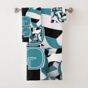 Lots of volleyballs custom player name teal black bath towel set