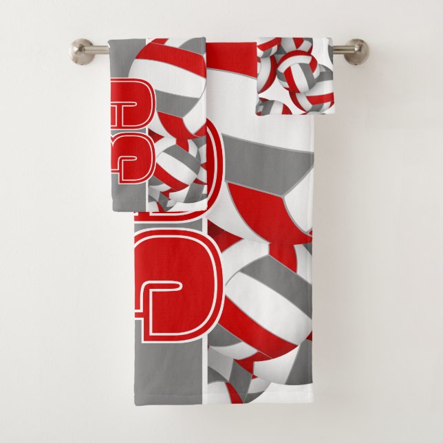 Lots of volleyballs custom team name red grey bath towel set (Insitu)