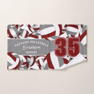 Lots of volleyballs maroon grey team colours hand towel