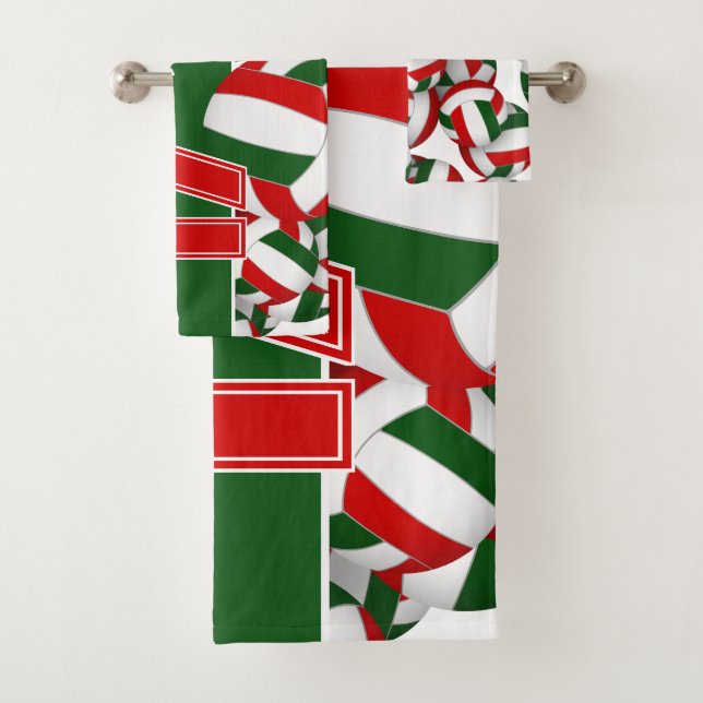 Lots of volleyballs player jersey number red green bath towel set (Insitu)