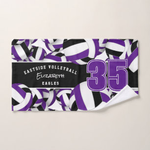 Lots of volleyballs purple black team colours hand towel