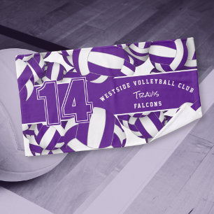 Lots of volleyballs purple white team colours hand towel