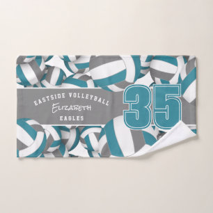 Lots of volleyballs team name teal grey hand towel