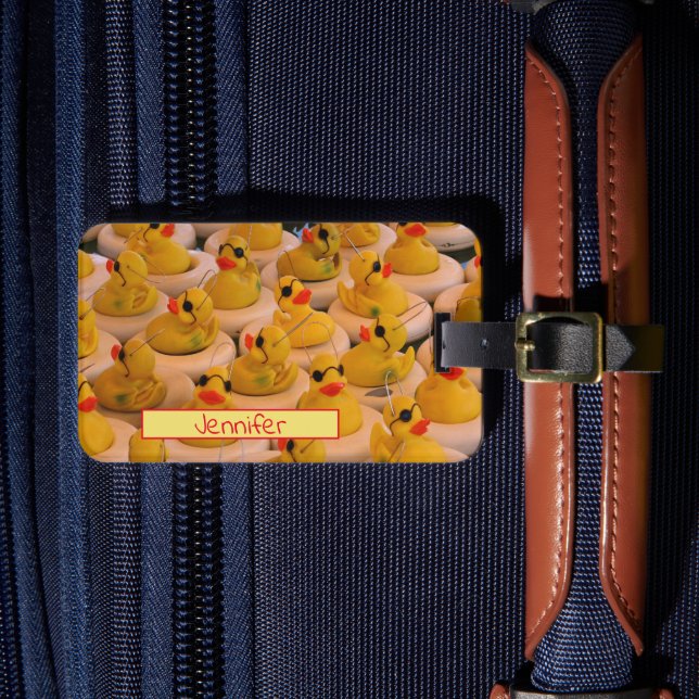 Lots Of Yellow Rubber Ducks Personalised Luggage Tag (Front Insitu 4)