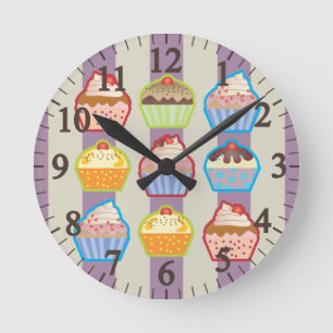 Lotsa Cupcakes Purple Stripes Round Clock