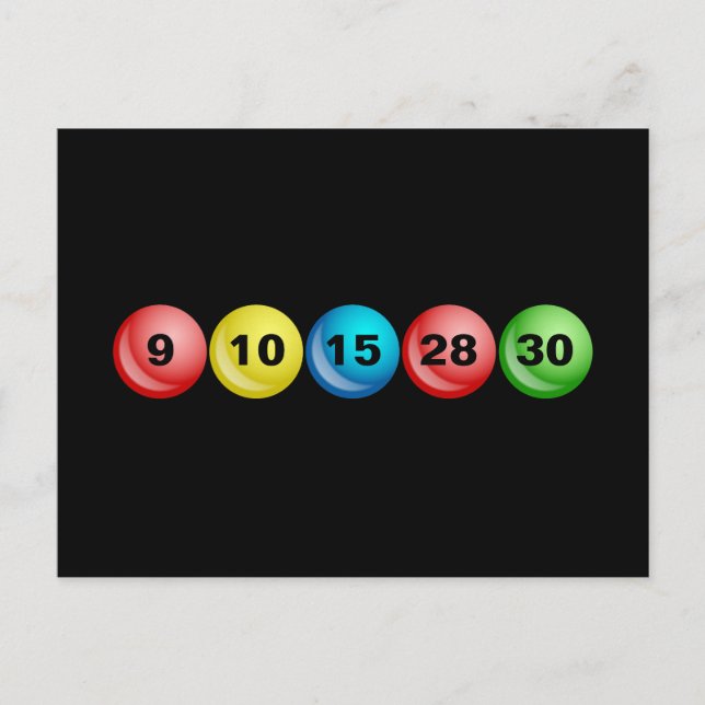 Lottery Balls, 9, 10, 15, 28, 30 Postcard (Front)