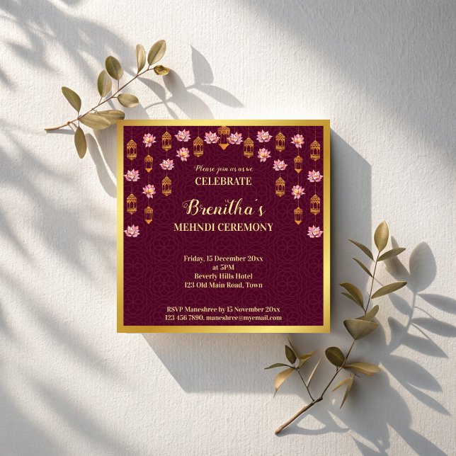 Lotus and Arabian lanterns Indian wedding mehndi  Invitation (Lotus and Arabian lanterns maroon Indian wedding mehndi Invitation template instant dowmmload)
