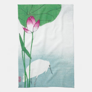 Lotus and White Heron, Koson, Ukiyo-e Tea Towel