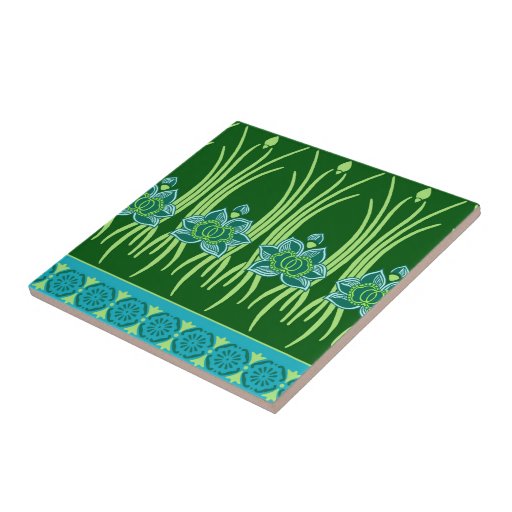 Image of LOTUS, ART NOUVEAU FLORAL: BLUE GREEN SCENE Tile