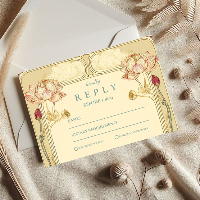 Lotus Art Nouveau Floral Wedding RSVP Card (Creator Uploaded)