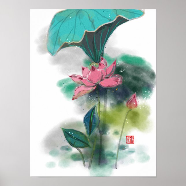Lotus Asian Ink Art Print Poster (Front)