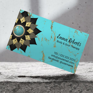 Lotus Black & Gold Flower Turquoise Yoga Therapist Business Card
