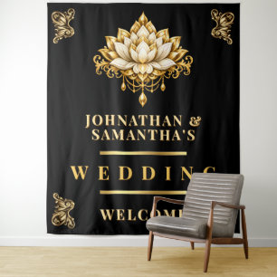 Lotus Black Gold Indian Wedding Photo backdrop Tapestry