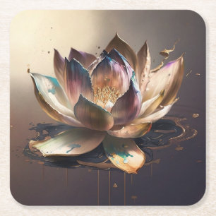 Lotus Blossom in Teal Pink and Golden Light Square Paper Coaster