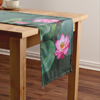 Lotus Blossom - Pink Water Lilies on Green Long Table Runner