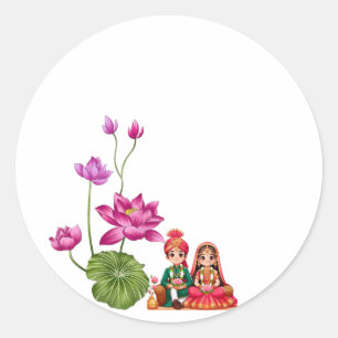 Lotus, bride and groom picture classic round sticker
