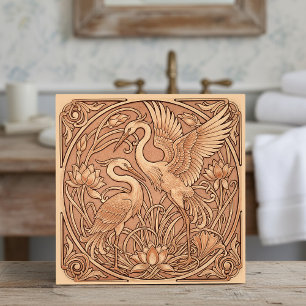 Lotus & Crane Art Nouveau Pat#8 Terra Cotta ID1193 Tile