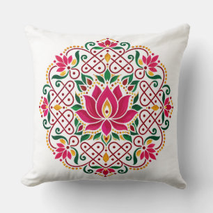 Lotus Diya Kolam Rangoli Indian Festive Floral Cushion