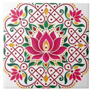 Lotus Diya Kolam Rangoli Indian Festive Floral Tile