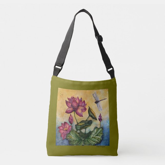 Lotus Dragonfly Watercolor Crossbody Bag (Front)