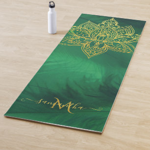 Lotus Emerald Gold Mandala Monogram Elegant Yoga Mat