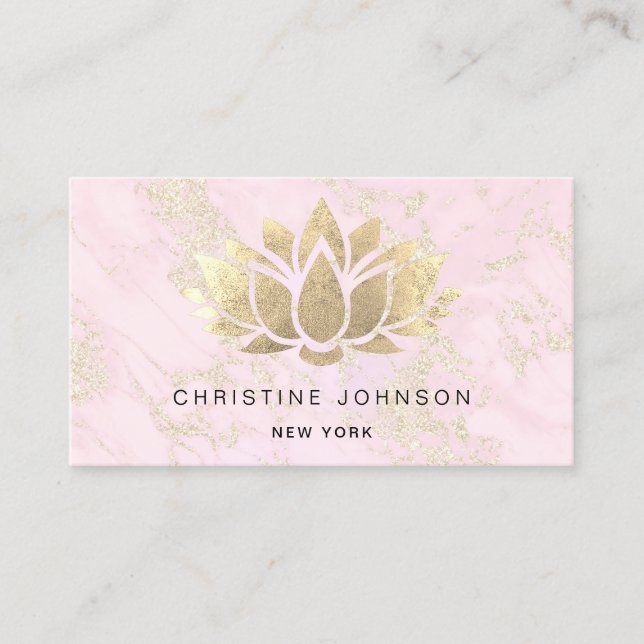 lotus faux gold foil on pink marble business card (Front)