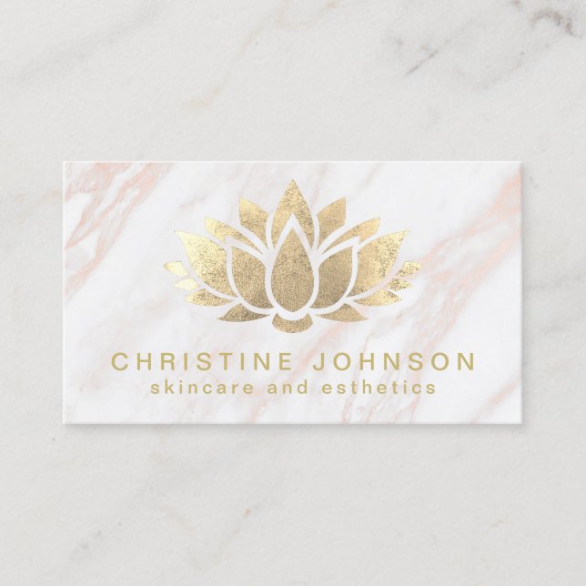 lotus faux gold foil on pink marble skincare business card (Front)