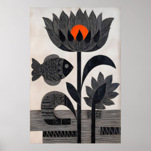 Lotus Fish Wall Art Graphic Nature Print with Bold