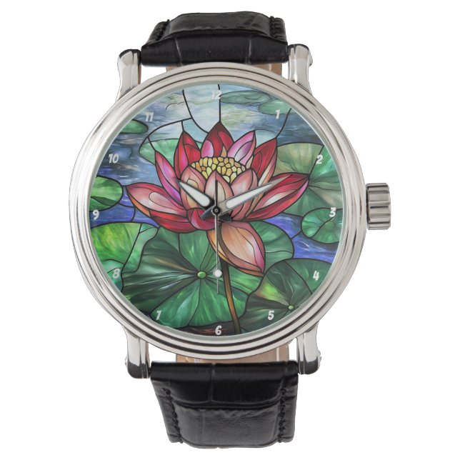Lotus Floral Pond Stained Glass Watch (Front)