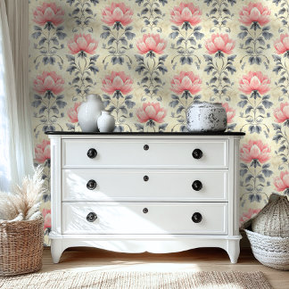 Lotus Floral Watercolor Pink and Grey Damask Wallpaper
