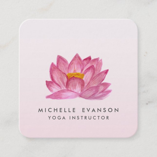Lotus Floral Yoga Instructor Elegant Blush Pink Square Business Card (Front)